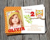 Mod Owl Birthday Party Boy or Girl Orange Blue Pink Polka dot Invitation Card   - You Print