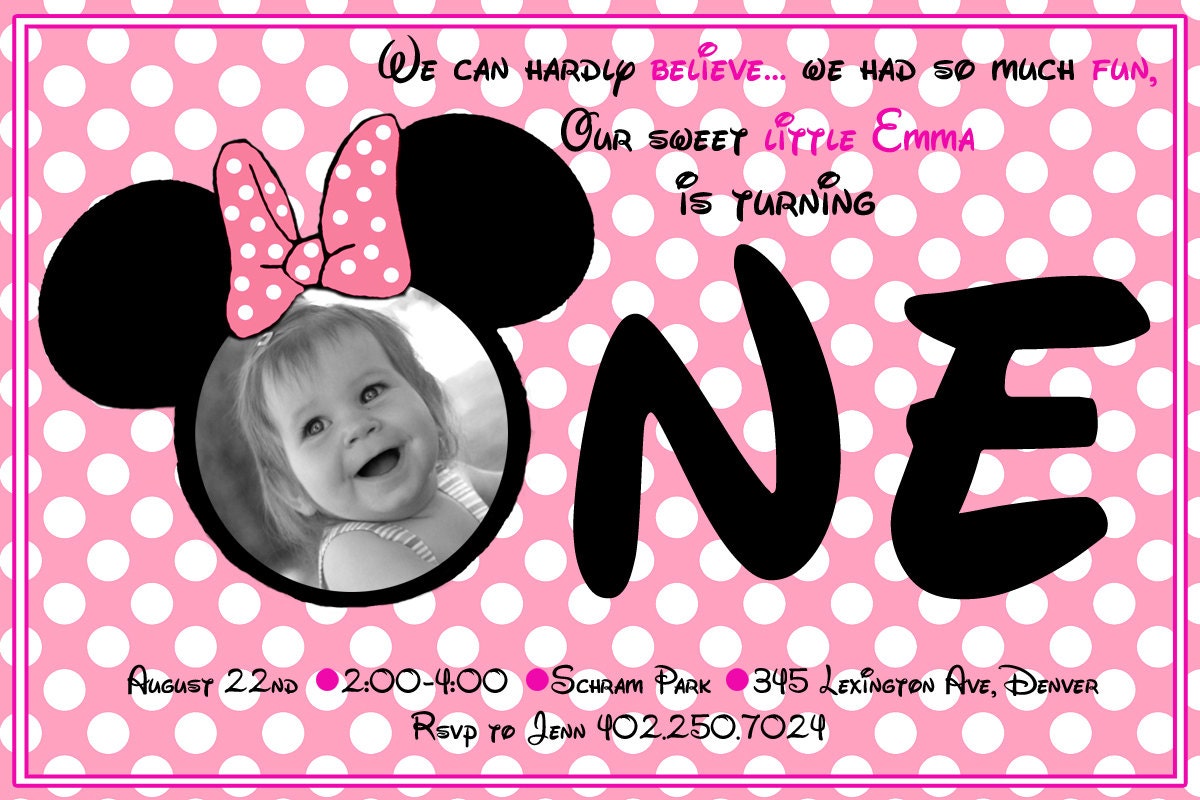 Custom Photo Pink Polka Dot Mickey & Minnie Mouse Inspired Birthday Party Invitation Card   - You Print