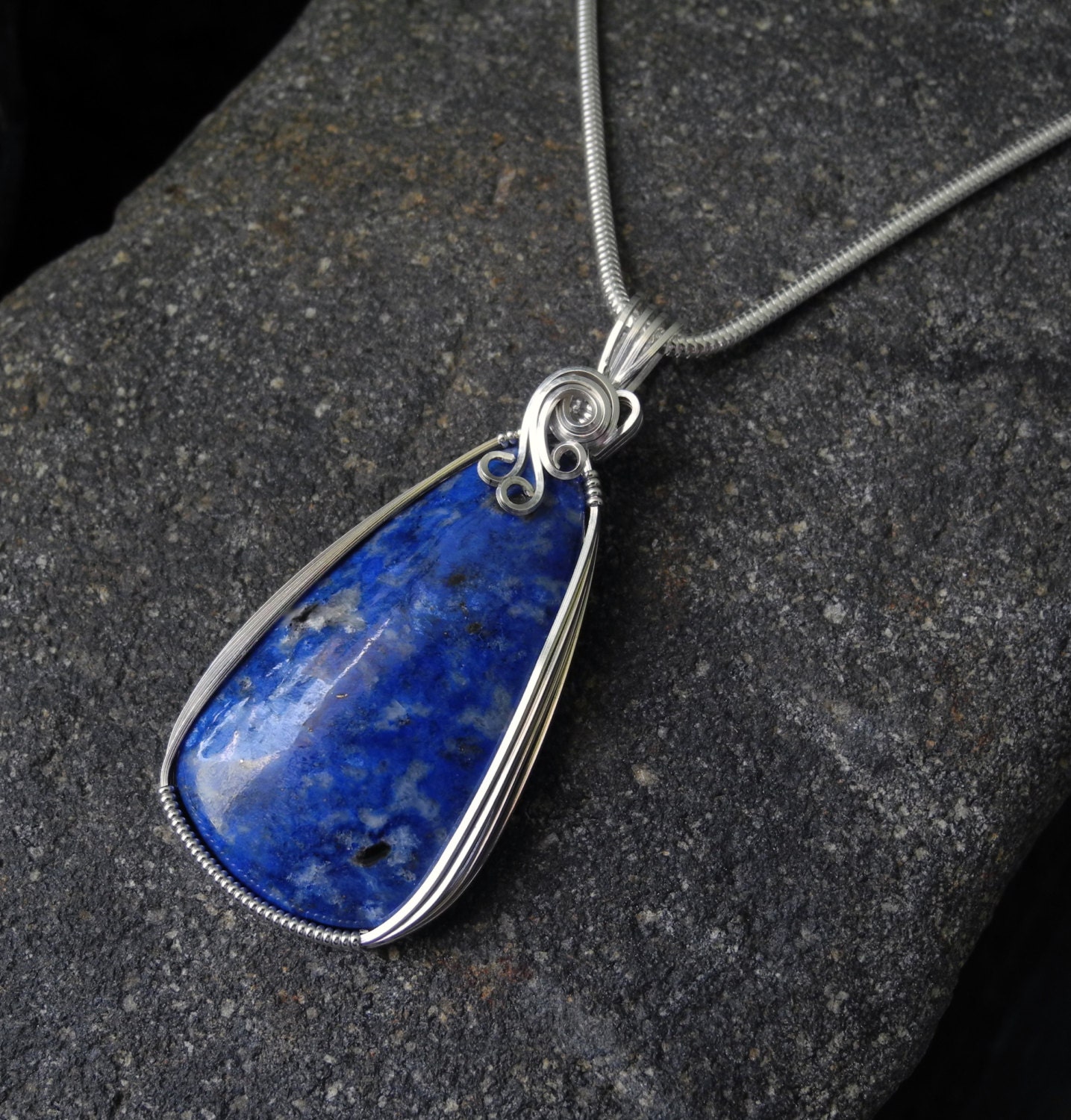 Denim Blue Lapis Lazuli Pendant, Wire Wrapped Sterling Silver