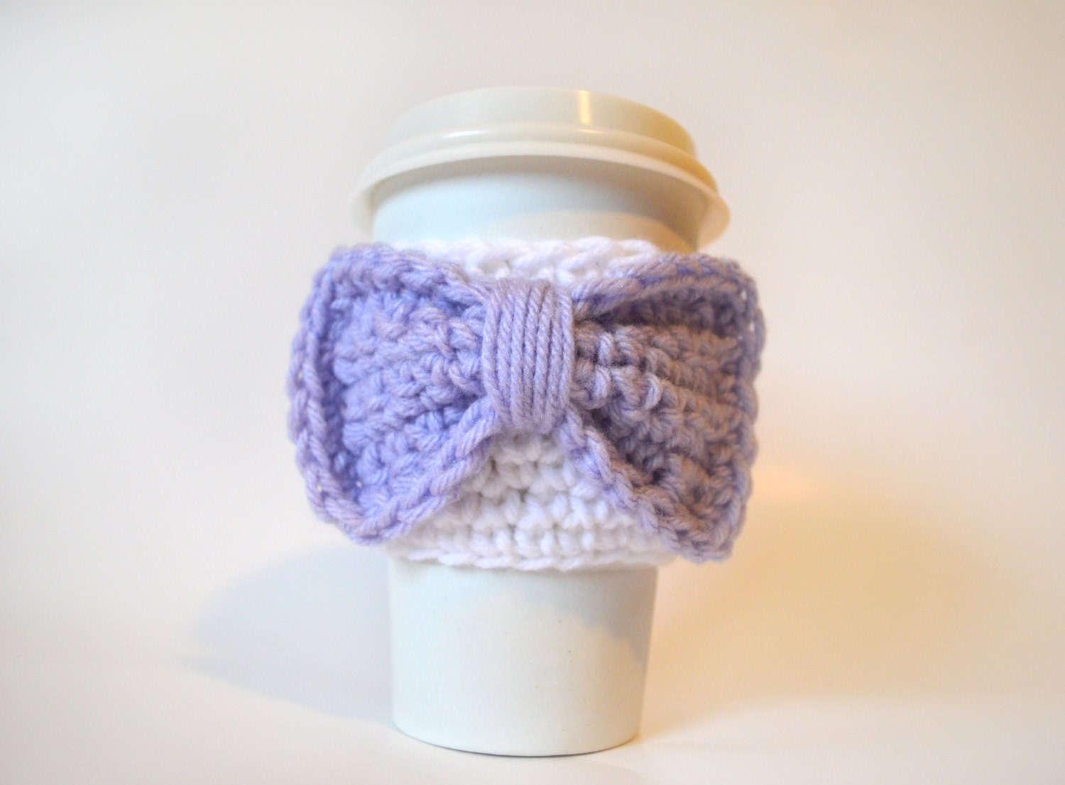 White and Light Purple Lavender Bow Coffee Cozy