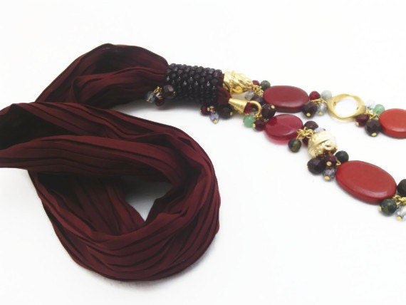 Burgundy scarf necklace, Mothers Day, New Collection, jewelery scarf, Burgundy Scarf, gift for mum, OOAK