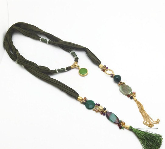 Oil Green scarf necklace, Mothers Day, New Collection, Green Scarf, gift for mum, OOAK