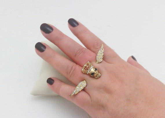 Two finger ring, Goth, Angel winged skull  ring, skull ring, Gothic, Golden skull ring,