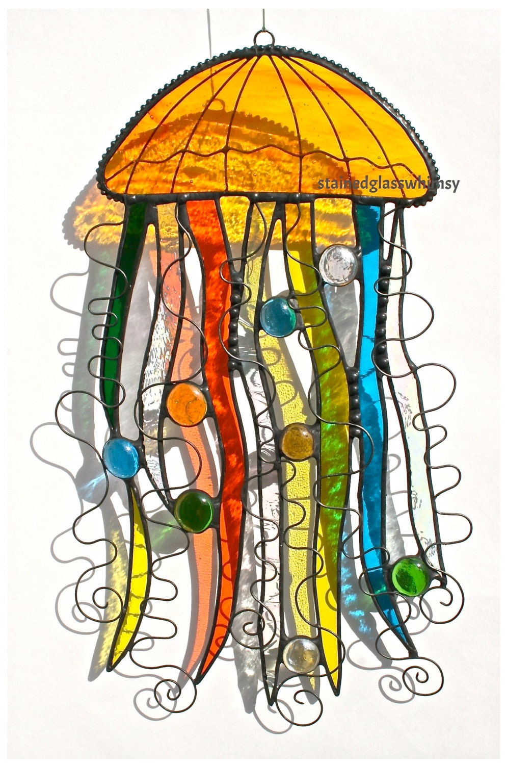Stained Glass JELLYFISH Suncatcher, Original Design - Orange, Yellow, Turquoise, Green, Iridescent Clears - USA Handmade