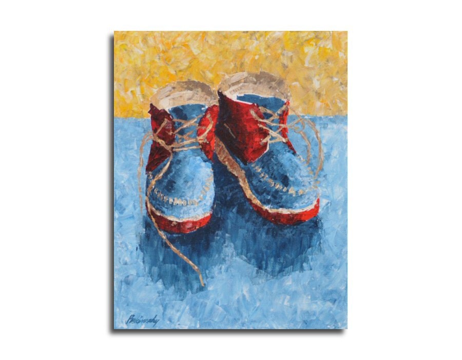 Little shoes - Print of original painting -  Still-life painting print - blue yellow red - child's room decor, nursery art - 10" x 8"