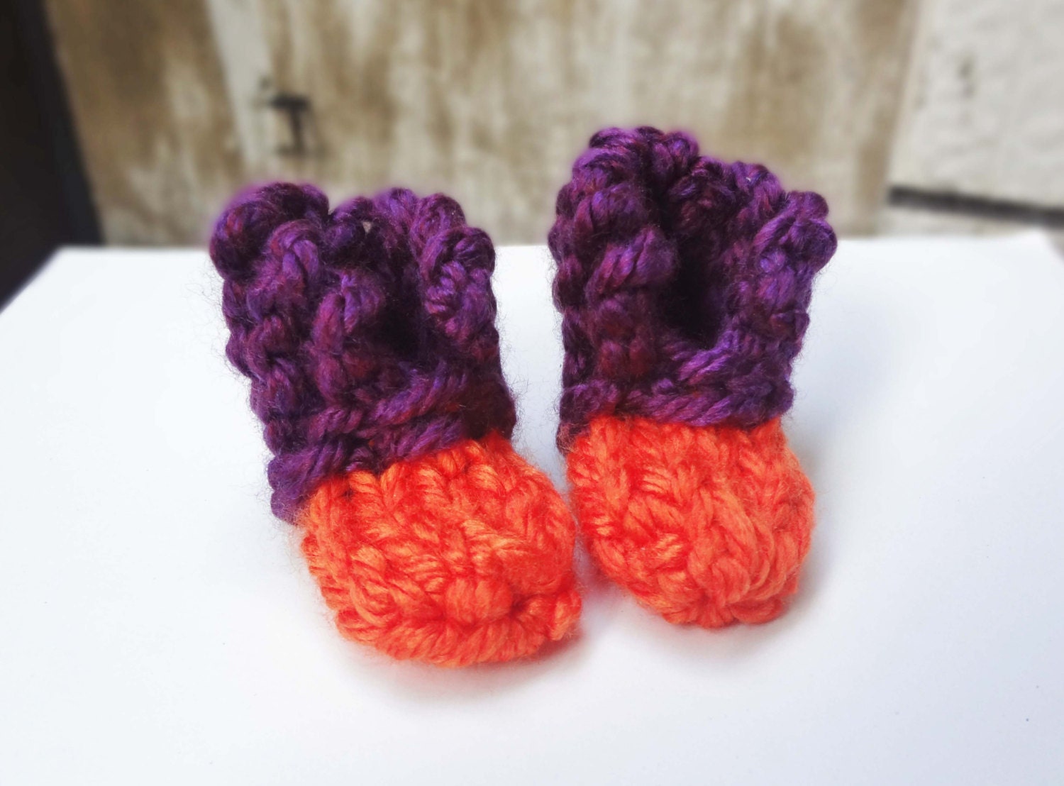 Baby Girl Knit Booties - purple and orange slippers, toddler fall winter warm socks - photo prop - baby shower gift
