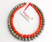 Leopard Coral Statement Necklace by Kluster, with Jasper and Orange Sponge Coral Gemstones. Bright Statement Necklace, 100% Sterling Silver.
