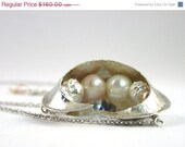 20 % VACATION SALE Fold formed Fine Silver Seed Pod Necklace with Freshwater Pearls and Hand Made Fine Silver Textured Wing Beads