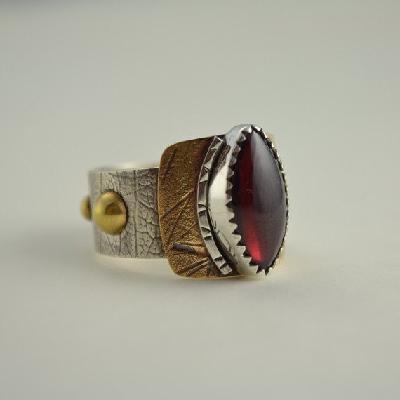 Garnet Metalsmith Ring - Artisan Gemstone Ring - Viking Ring