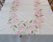 Vintage Handworked Cross Stitched Tablecloth, Pink Roses