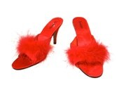1990s Fredericks of Hollywood Maribou Boudoir Slippers - 1950s Style Heels - Bedroom Heels - Feather Shoes - Pinup Girl - Red - Size 9