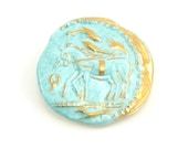 Vintage Equestrian Brooch, Hand Painted Equestrian Jewelry, Horse Jewelry, Dolphins, Turquoise Blue, Gold Crescent, 1930s 1940s, Greek