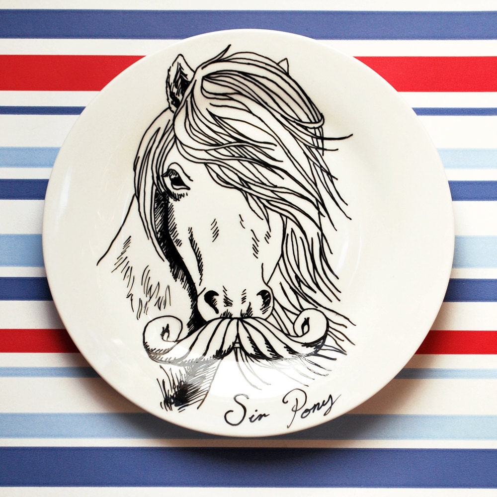 Sir Pony with Moustache - Hand Drawn Plate