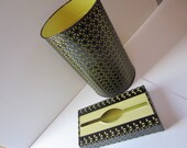 Vintage Garnerware Retro Black and Yellow Waste Paper basket with matching tissue holder