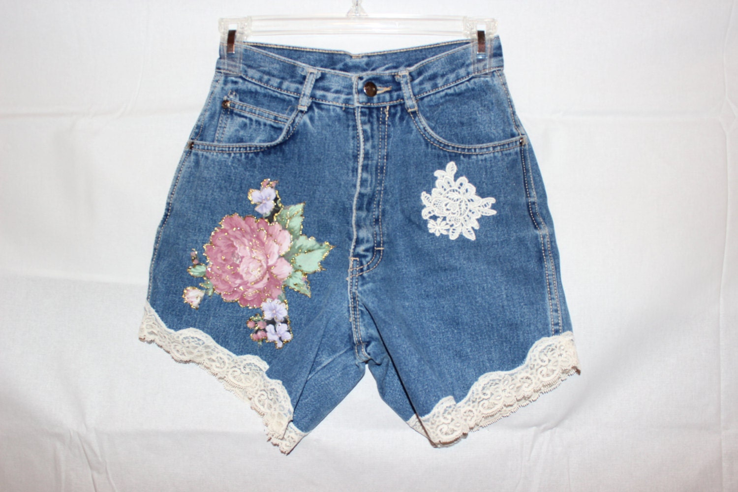 Vintage 80s High Waisted Shorts - Gitano Jean - Lace and Rose patch - OOAK