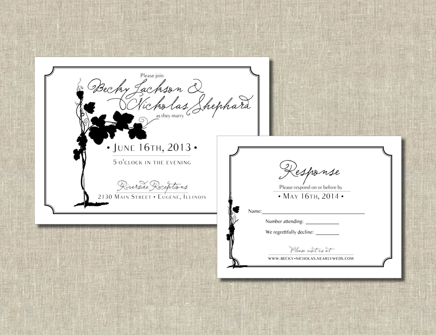 Beautiful Vine Printable Wedding Invitation and RSVP Set - black and white - Custom Colors - WL7
