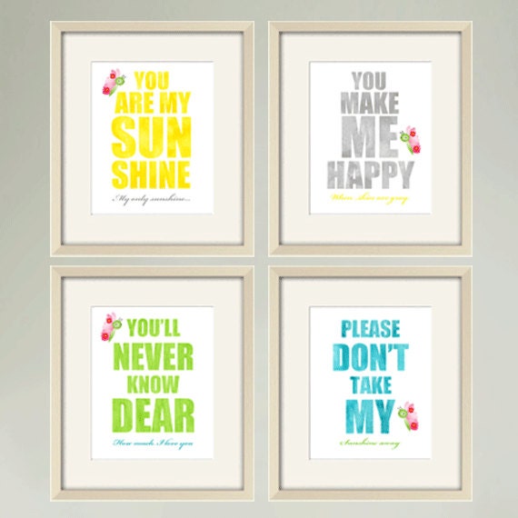 You Are My Sunshine print Children's Art Print Poster Children Wall Art baby nursery decor Nursery Art Print Quote print  Set of 4 11 x 14