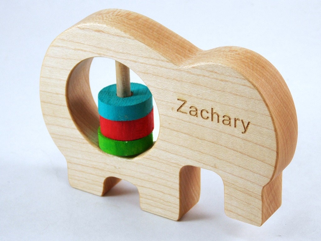 Personalized Wooden Elephant Baby Rattle - Organic Wooden Baby Toy by Bannor Toys
