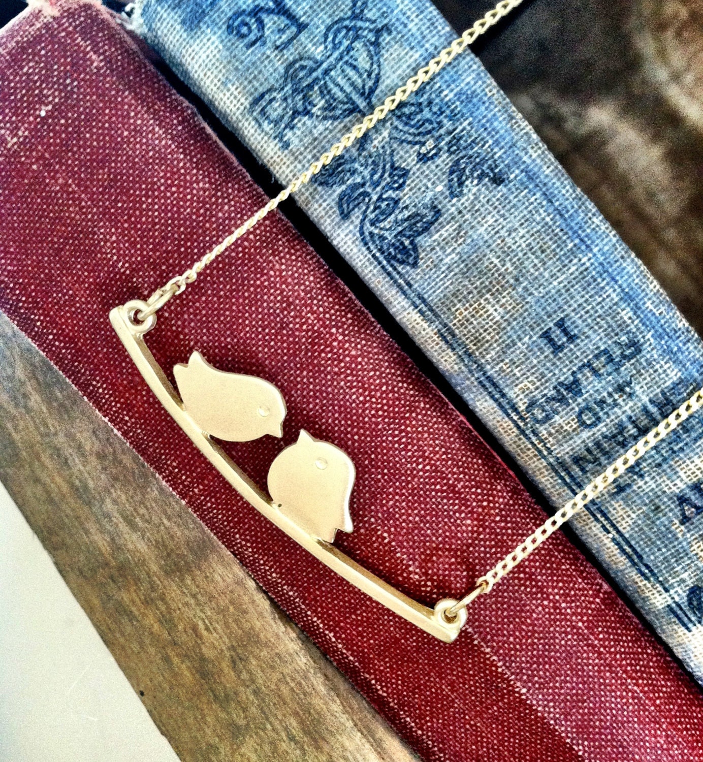 Gold Love Birds Necklace Kissing Sparrows on a Branch Valentine's Day Gold Charm Necklace Two Birds on a Perch Necklace
