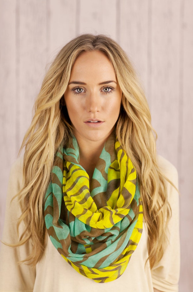 Infinity Scarf Animal Print Circle Scarf in Aqua and Bright Yellow Women's Fashion Scarves (A to Zebra)