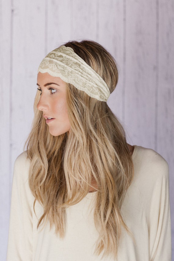 Wide Lace Headbands Ivory Sheer Lace Headband with Tapered Cut and Scalloped Edge - Sheer Simplicity Headband