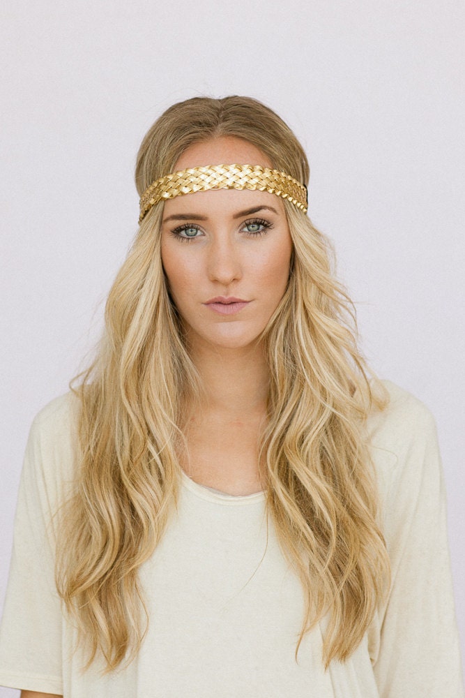 Braided SIlver Headband Metallic Leatherette Thin Boho Bohemian Braided Women's Fashion Headband (HB-138A)