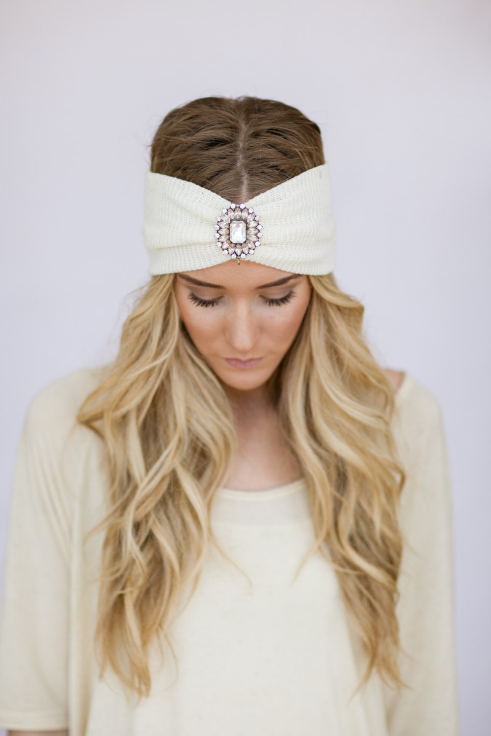 BOHO Headband Ivory Knit WanderLust Bohemian Hair Bands Rhinestone Crystal Medallion Free Spirited Travel Hair Accessories (IVORY)