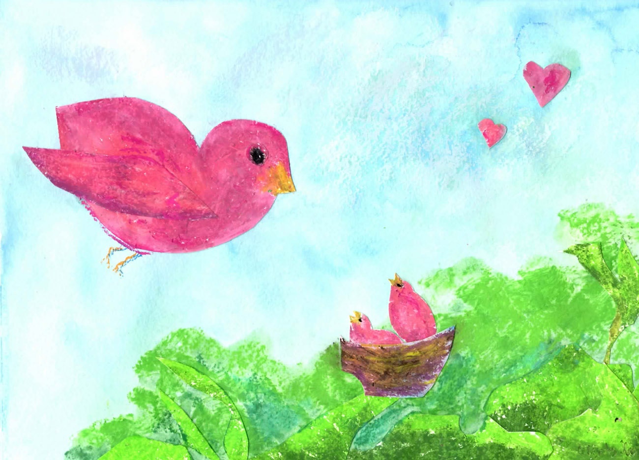 Original Mama and Baby Birds Childrens Mixed Media Collage Art Here Comes Mama