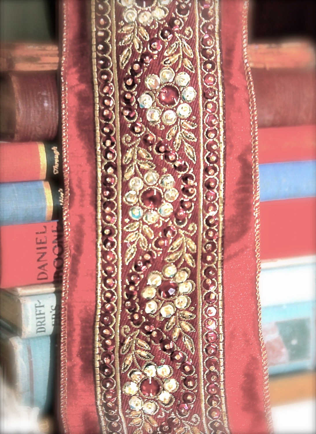 12 inches Red Burgundy Highly Embellished Sequined  Embroidered Trim Floral Wedding Crafting Quilting Embellishments