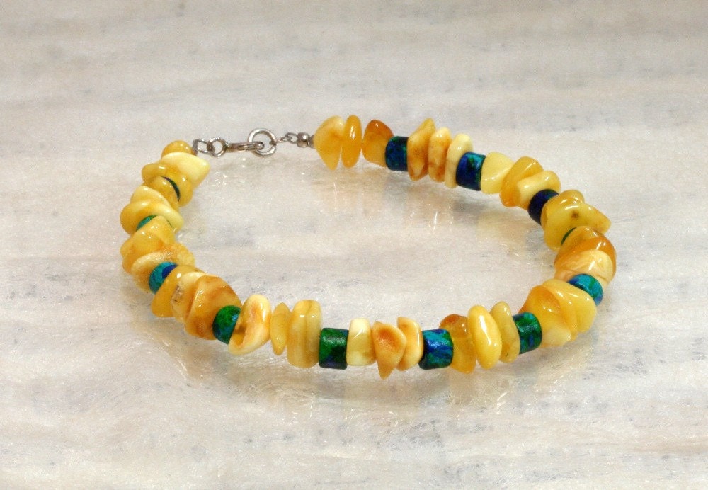 Butterscotch amber and green ceramic beads bracelet