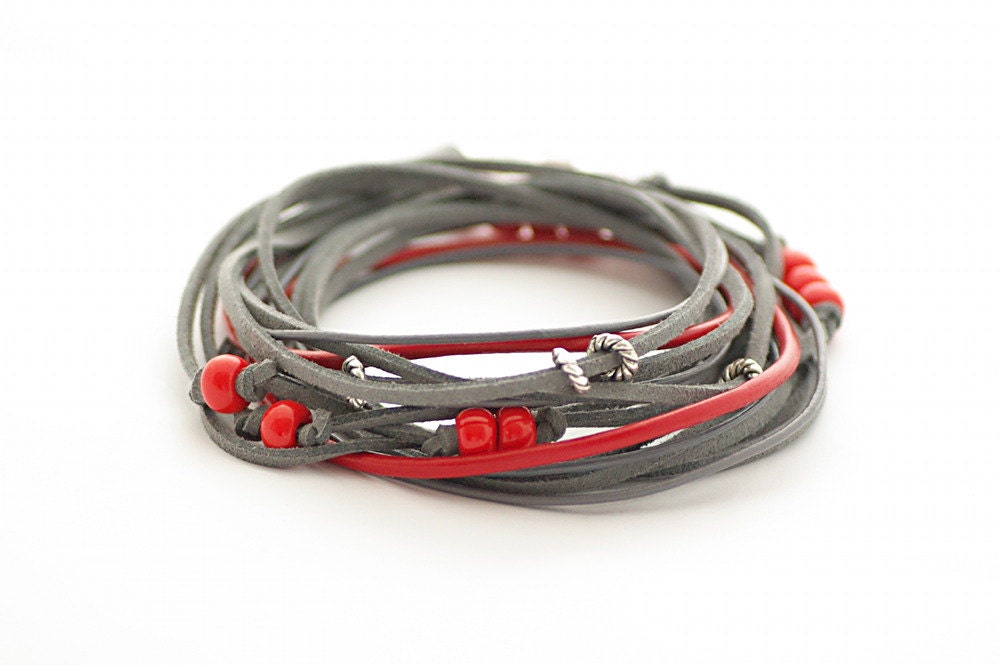 Wrap Bracelet, Red Gray Wrap Bracelet, Leather wrap, Boho bracelet, suede, double wrap, boho chic, red beads - cardioceras