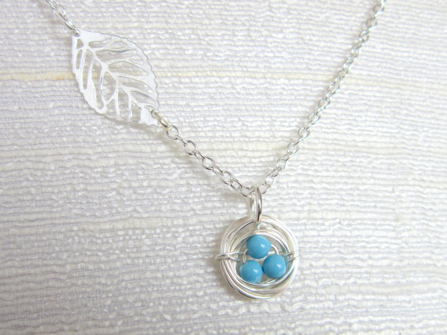 Robin's Nest Necklace, Blue Eggs with Silver Leaf