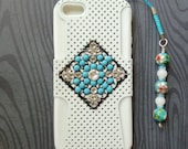 White iPhone 5 hybrid case with Swarovski turquoise and clear crystals and custom charm