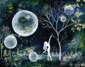 8"x10" art print-blue fireflies mixed media painting-white dancer-white trees
