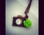CAPTURE the moment CAMERA NECKLACE antique bronze chain photography photographer gift teal coral red lime green rose dahlia mum flower charm