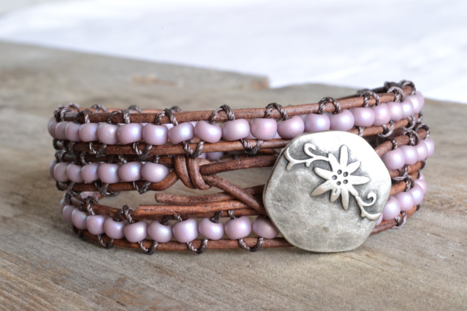 CLEARANCE Purple beaded, brown leather triple wrap bracelet, Rustic Country, Gypsy,  Boho chic,wildflower,  bohemian, Chan Luu style