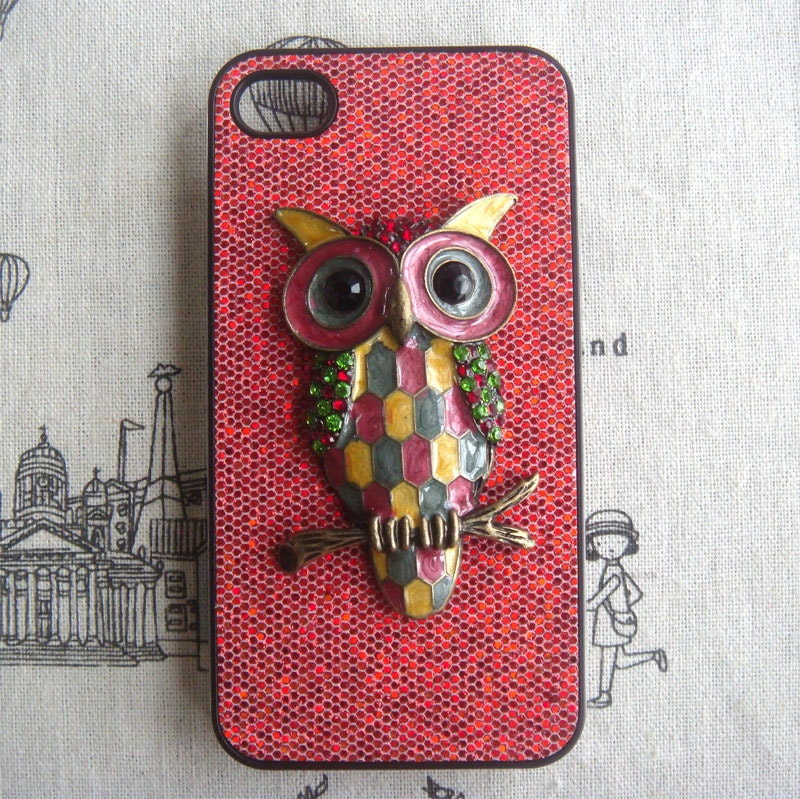 Steampunk Owl Red bling glitter hard case For Apple iPhone 4 case iPhone 4s case cover
