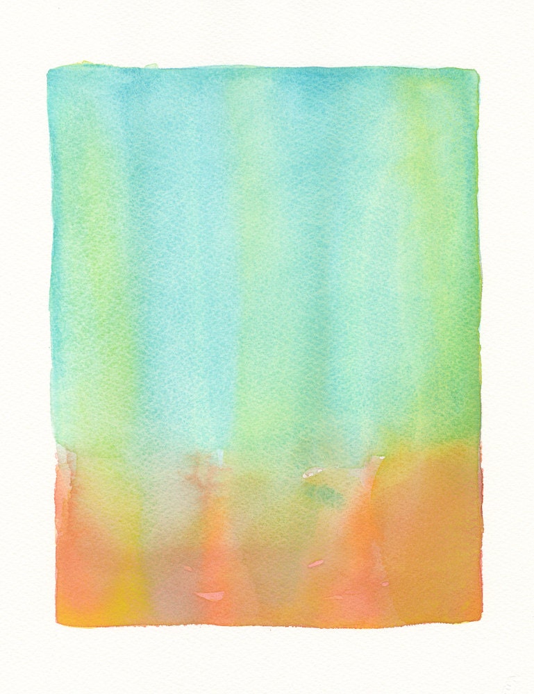 large original watercolor painting, coral to turquoise fade