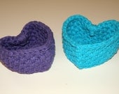 2 Heart Storage Baskets, Boho inspired Aqua Blue and Purple Storage Bowls, Medim and Small Cotton Yarn Baskets