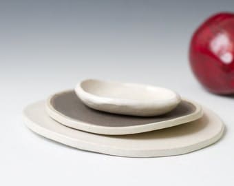 White and Grey Stoneware Small Plate and Salt Cellar Set, Matte White, Charcoal Grey - 6.25" plate - ready to ship