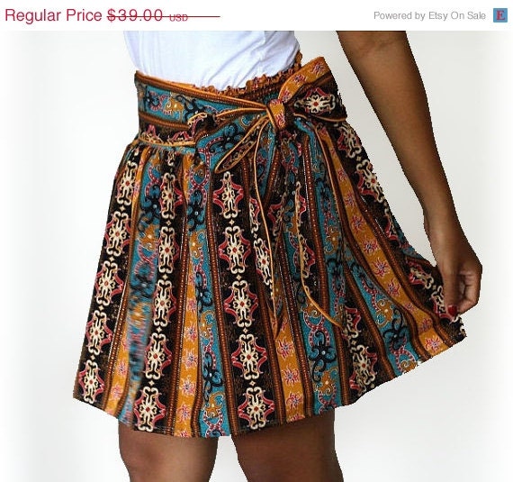 ON SALE Autumn Mini Skirt Tangerine Orange and Blue Stripe with sash belt