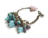 Lavender and teal bunny rabbit meadow bracelet, Czech glass, Oxidised copper