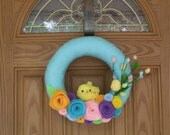 Sweet Easter Chick  Wreath-Easter Decoration- Easter Decor-Spring Wreath-12 inch Turquoise Yarn Felt Flower Spring Wreath