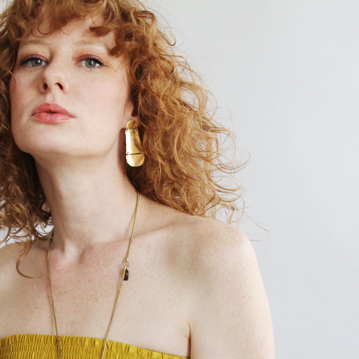 NEW Brass Armor Amour Earrings / statement gold dangling post earrings / bold summer fashion / metalwork jewelry by Soft Gold