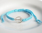 Custom Color Silver Peace Charm Bracelet, Adjustable Square Knot Friendship Macrame Bracelet