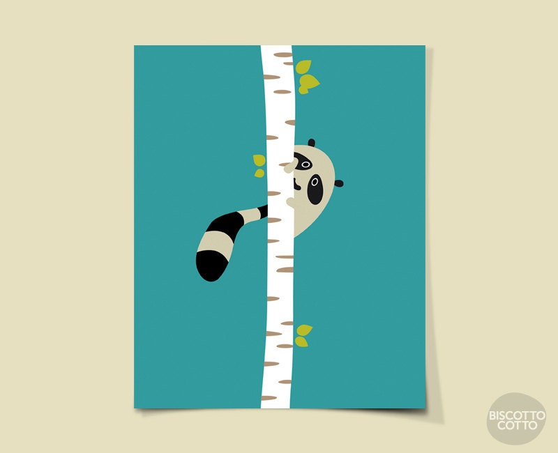Nursery art print, Kids wall art, A lovely shy raccoon hiding behind a tree on a slate background, 8x10, Art print.