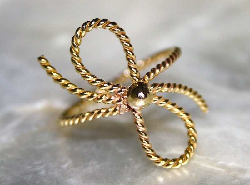 14k solid gold bow ring, Twisted bow ring, Infinity ring, Twisted rope ring, Forget me knot ring