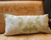 Pale Green Schumacher Damask Silk Throw Pillow with white and gold trim