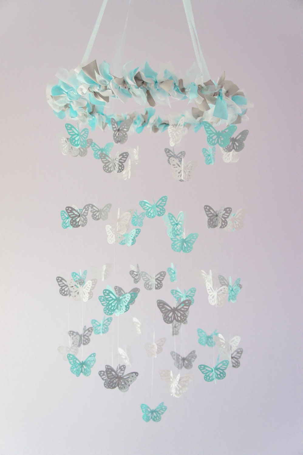 Nursery Decoration- Butterfly Mobile in Aqua, Gray & White- Photography Prop, Baby Shower Gift