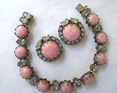 Kramer NY Pink Peking glass clear Rhinestone bracelet earrings 1950's